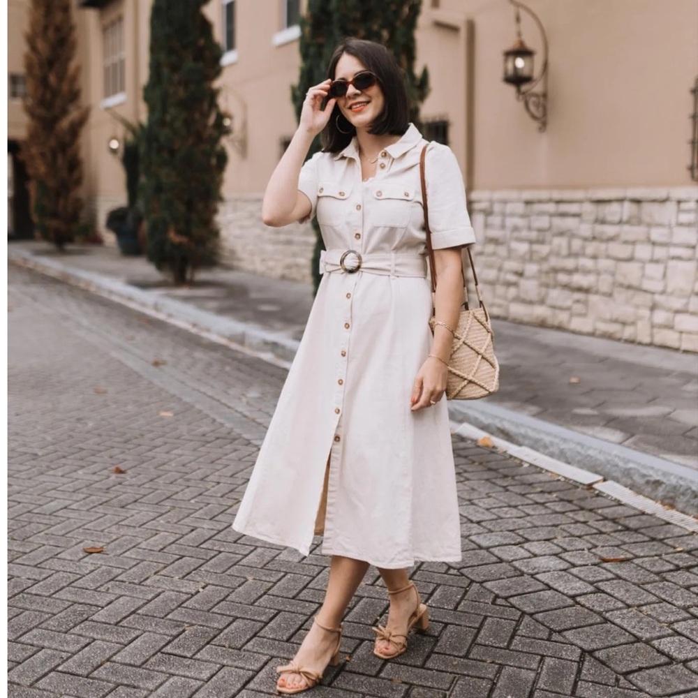 Sezane Cream Midi Dress with Belt - Picture 6 of 16
